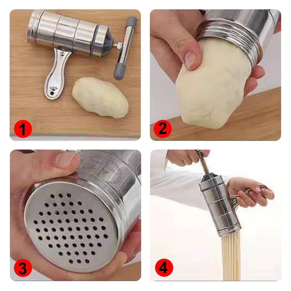 Con 5 stampi per pressare Noodle Maker Frutta Spremiagrumi Pressa Macchina per pasta Manuale in acciaio inossidabile Multifunzionale Creazione di spaghetti
