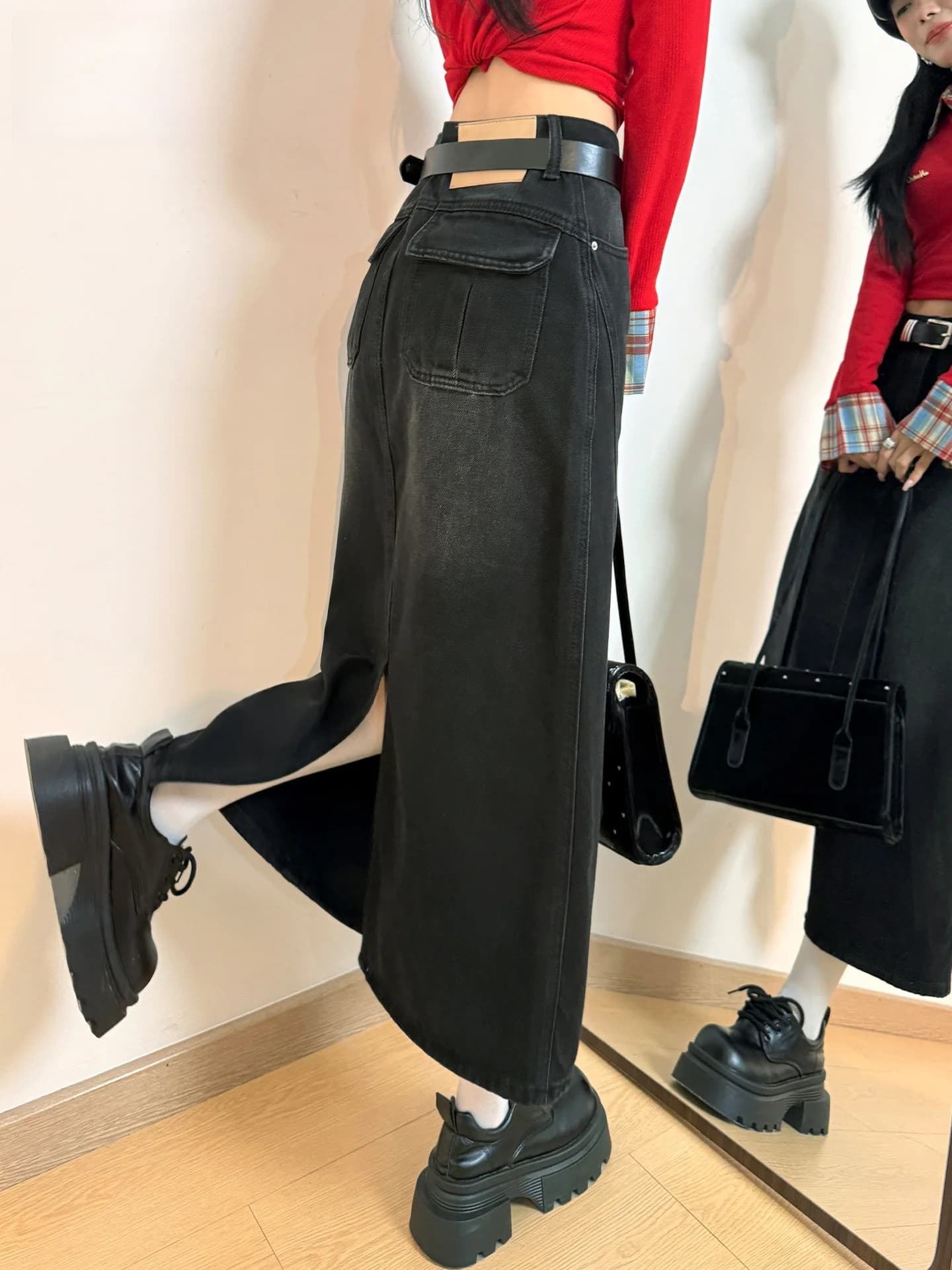 Gonna lunga in denim da donna a vita alta, modello A-line, con spacco, effetto snellente, nera e grigia, stile casual, primavera estate
