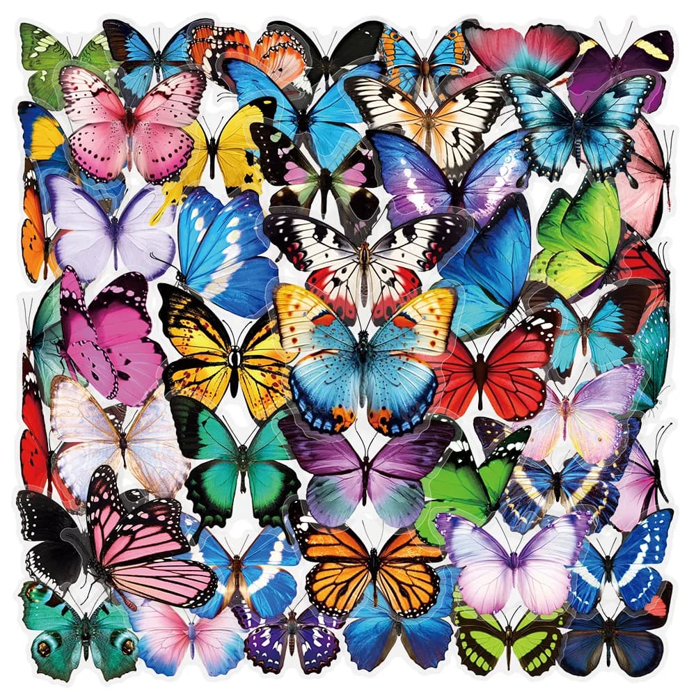 Confezione da 50 adesivi con farfalle colorate a forma di cartone animato, adesivi decorativi per notebook per chitarra in PET trasparente impermeabile