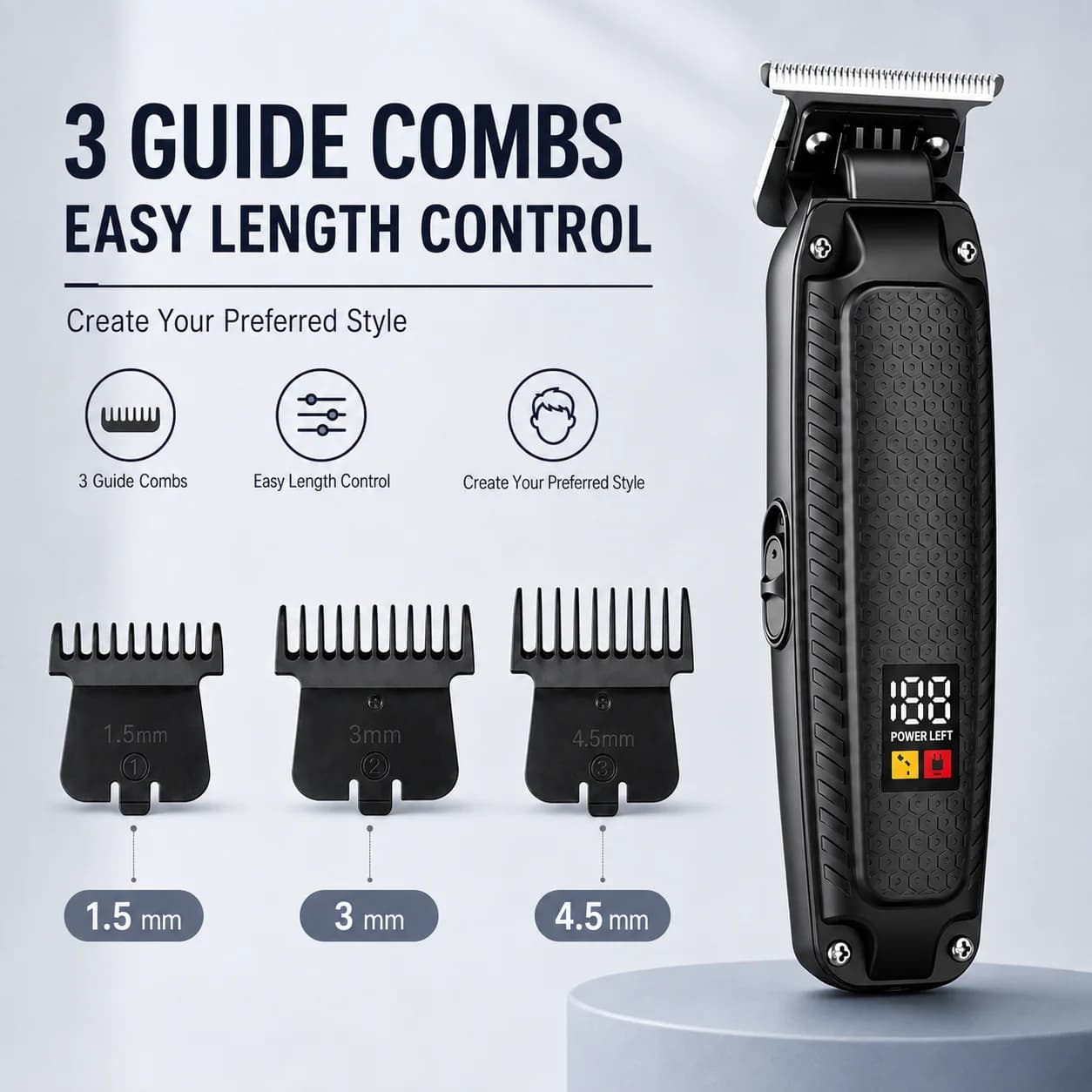Professional Hair trimmer Clipper 1200mAh Type-C 10W Barber T-Blade Grooming Tool with LED Display for Fades, Edging and Beard