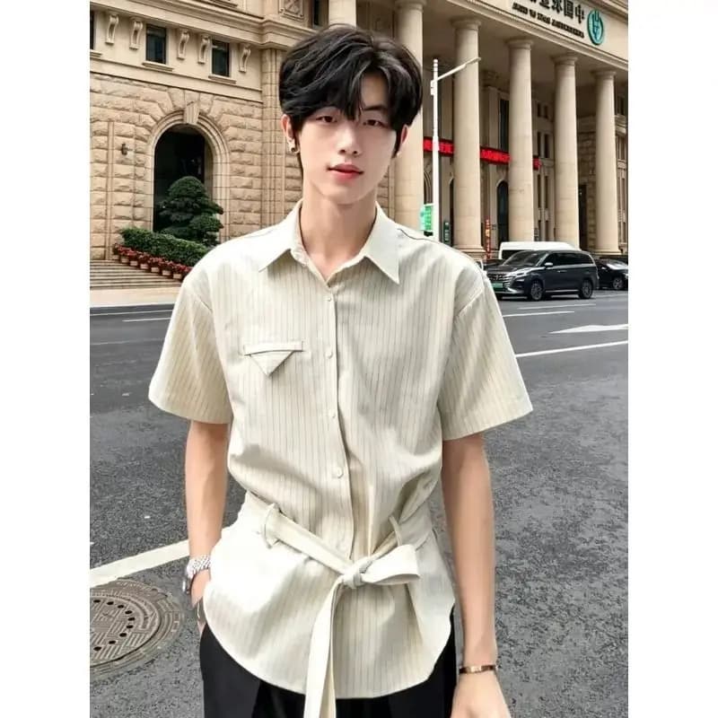 Mens Old Money Style Striped Short Sleeve Shirt Waist Belt Design Cleanfit Casual Tops