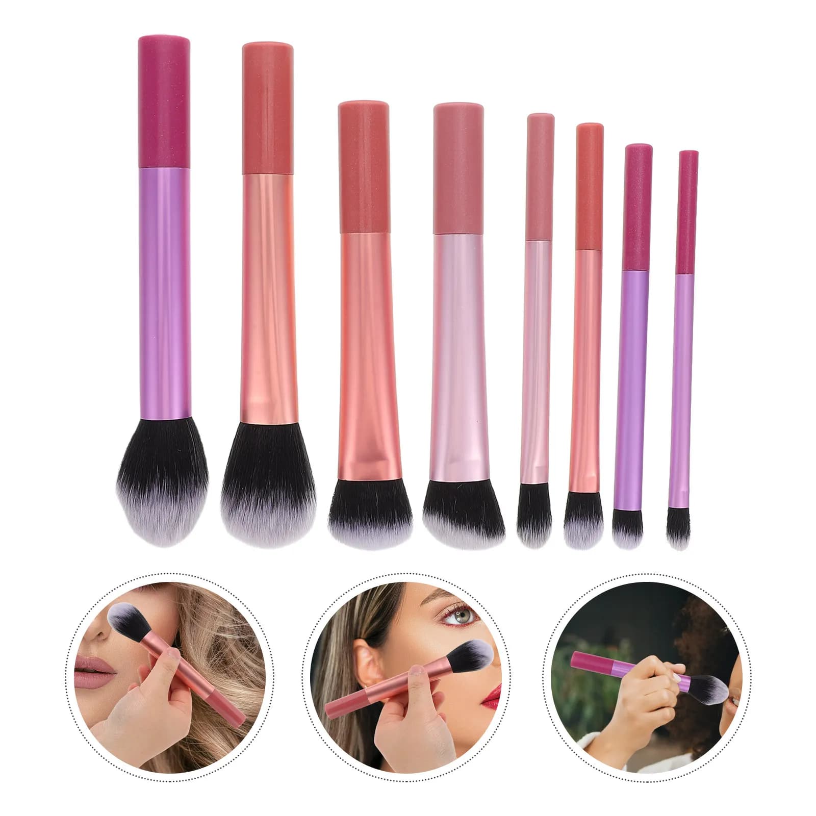 Set di 8 Pennelli da Trucco con Manico Lungo Morbido per Applicazione di Blush, Cipria, Fondotinta, Ombretto e Correttore per Donne
