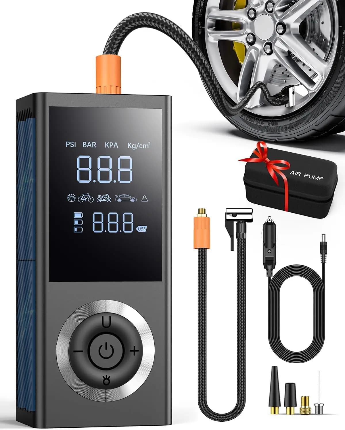 Car Tire Portable Air Compressor, 150 PSI with Digital Indicator, LED Light, 12V Adapter and Storage Box