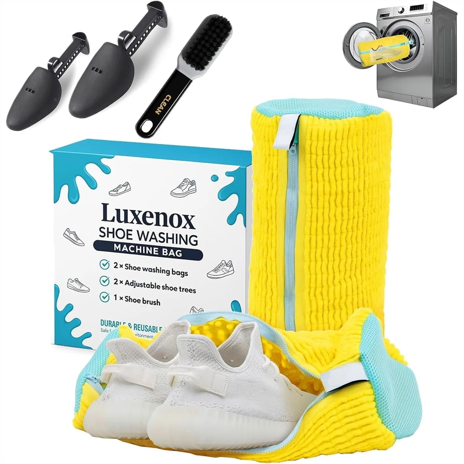 2 Sacchetti per Lavaggio Scarpe con 2 Tendiscarpe e Spazzola per Sneakers