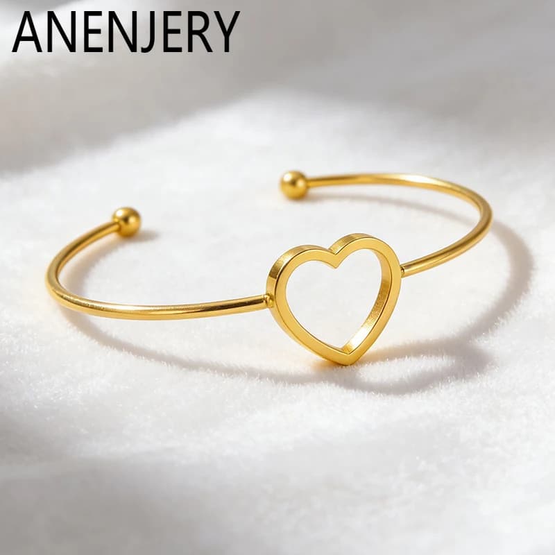 ANENJERY 316L Stainless Steel Hollow Heart Open Bracelet for Women Simple Fashion Versatile Temperament Jewelry Gifts Wholesale