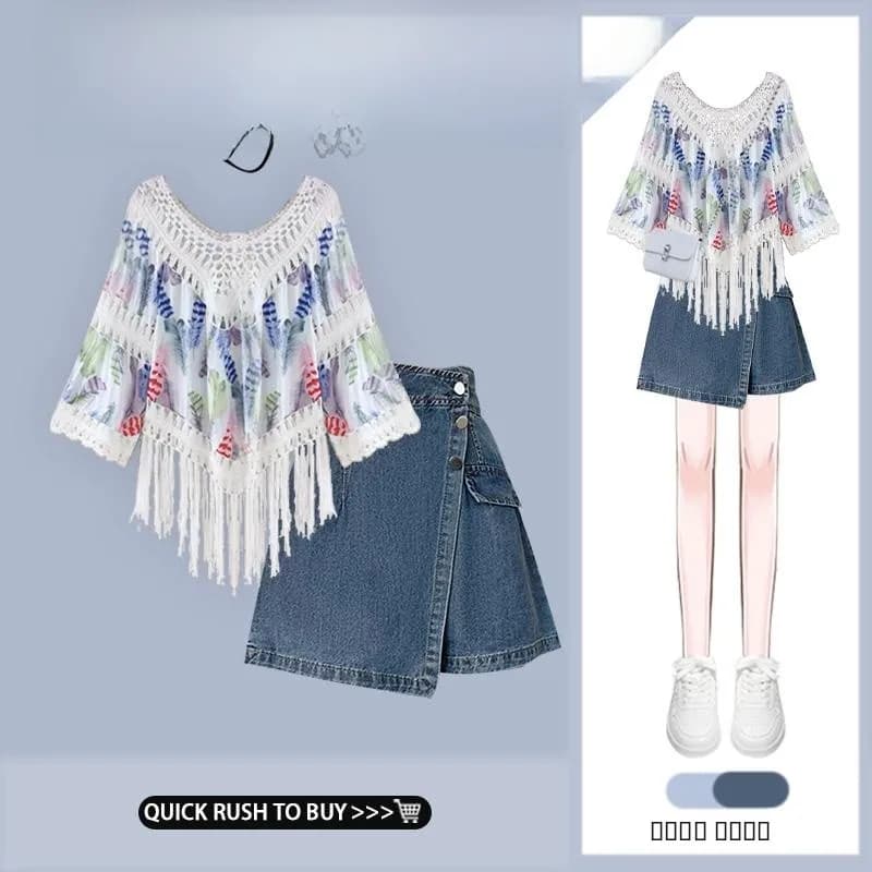 Completo Donna Stile Etnico con Nappe Blu, Gonna Pantalone Irregolare in Jeans Vintage, Nuovo Ensemble Moda Top e Pantaloni 2026