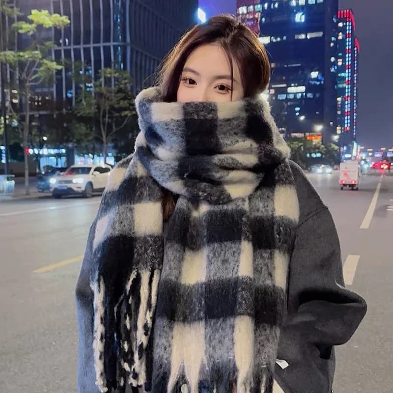 Plaid Scarf Women Winter Tartan Daily Wear Shawl Wrap Fringed Checkered Blanket Scarf Thick Warm Soft Campus Travel Neck Scarf