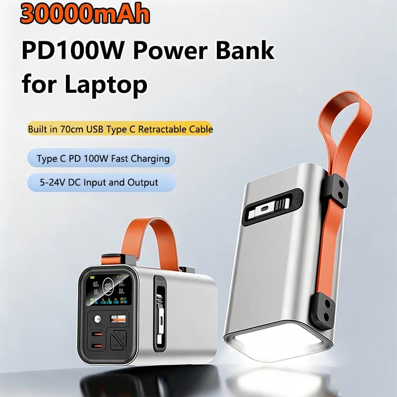 30000mAh Power Bank Retractable Type C Cable PD 100W Fast Charging External Battery for Laptop iPhone Samsung Xiaomi Powerbank