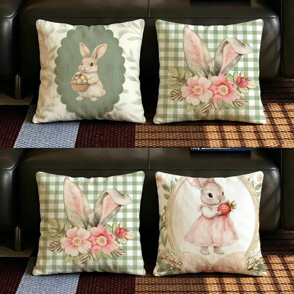 Set di Federe per Cuscini in Lino Naturale, Decorazione Tutto-in-Uno per Divano, Camera da Letto e Sedia, Motivo Coniglietto Pasquale