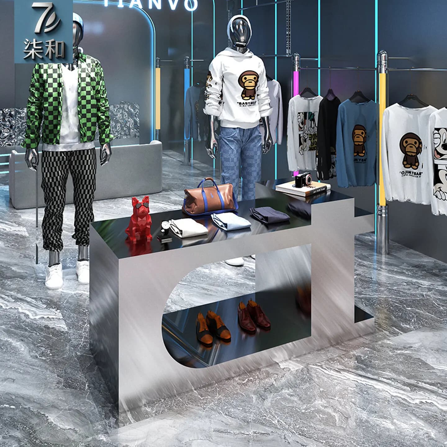 Piattaforma espositiva per negozio di abbigliamento, espositore per merce, tavolo espositivo per borse e scarpe, tavolo espositivo in acciaio inossidabile spazzolato argento