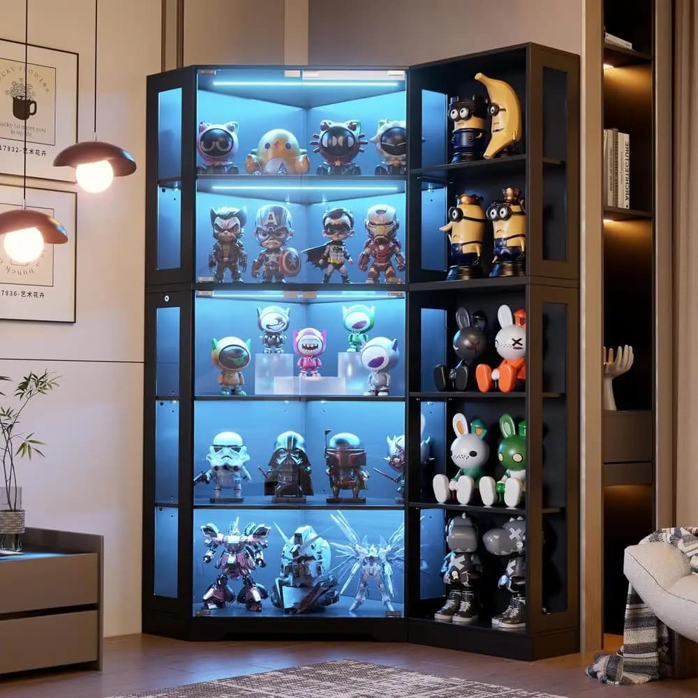 5-Tier LED Lighted Glass Display Cabinet for Collectibles, Living Room or Office, Black
