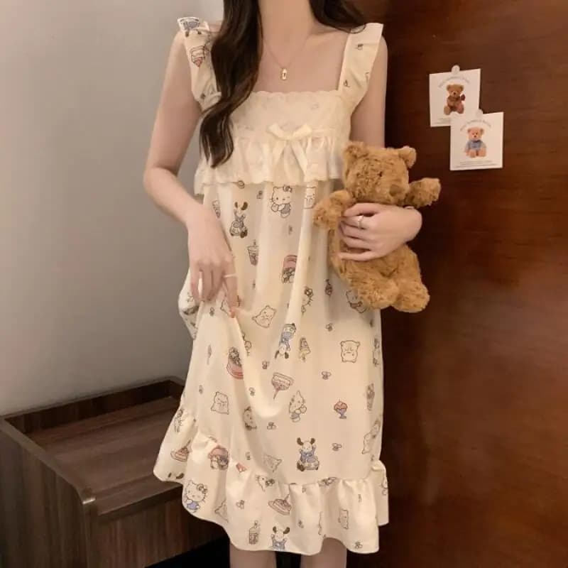 Sanrio Hello Kitty Young Girl Nightdress Kawaii Cartoon Student Summer Sleeveless Leisure Pajamas Leisure Homewear Set Dress New