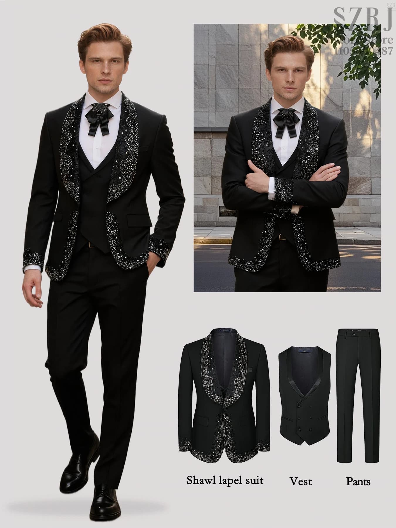 Complete for men in 3 pieces, equipped with design with decorative twist, includes jacket, vest and pants, ideal for formal occasions, wedding