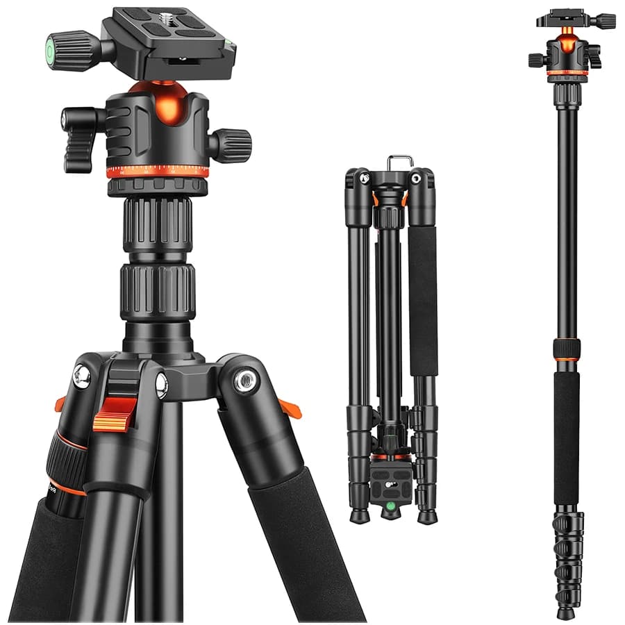 Treppiede Professionale Portatile in Alluminio con Monopiede e Testa a Sfera per Riprese Video con Telefono