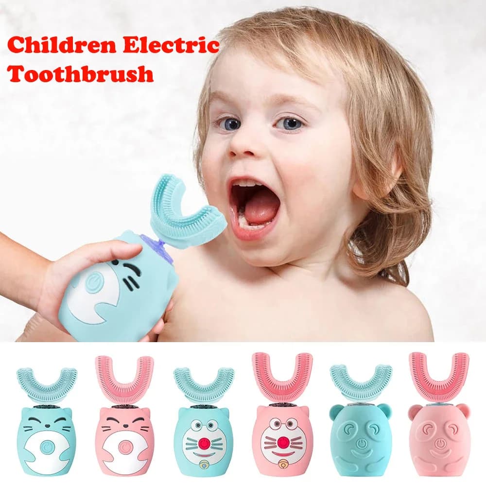 Children's Sonic Electric Toothbrush, Silicone, for teeth cleaning, 360-degree, automatic, rechargeable via USB, U-shaped smart baby toothbrush