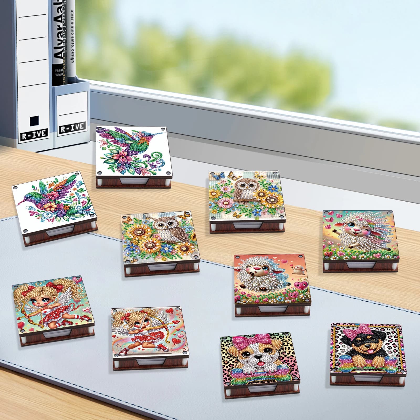 Kit scatole per appunti con pittura con diamanti da 2 pezzi, scatola per appunti adesiva con diamanti a forma speciale con tema animale per regali fatti a mano per ufficio