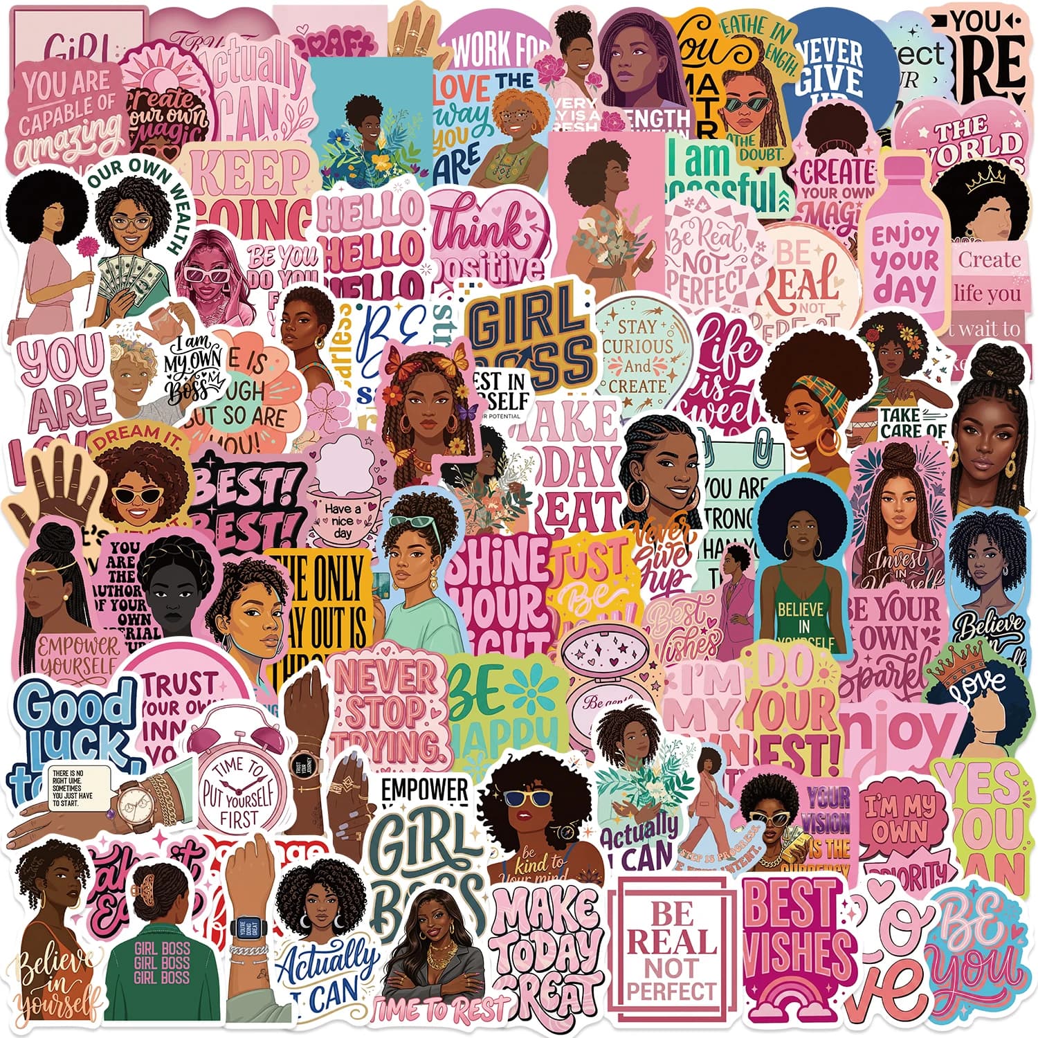 100pcs Pink Style Black Girl Inspirational Quotes Stickers Cartoon Graffiti Stickers Luggage Laptop Guitar Car Bicycle Clipping