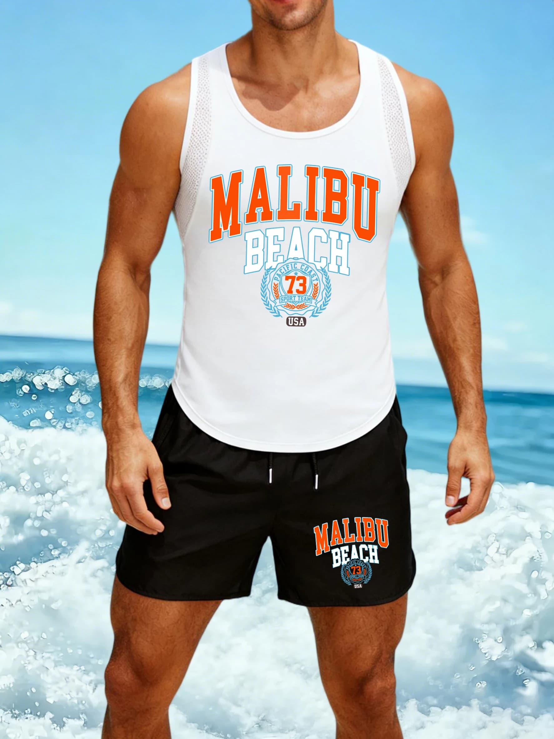 Malibu Beach 73 Usa Print Men Reticular Vest Set Summer Drawstring Shorts Fashion Sleeveless Tops Unisex Basics Sport Vests