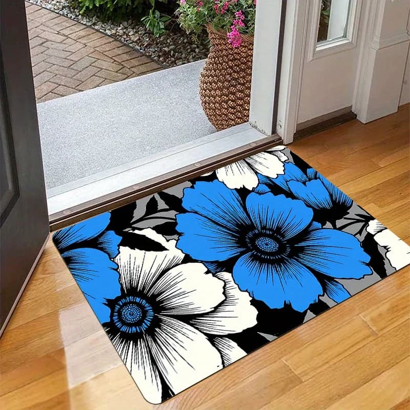 Bold Black Blue Floral Doormat Large White Flower Print Non Slip Entry Rug For Entryway And Modern Artistic Home Decor