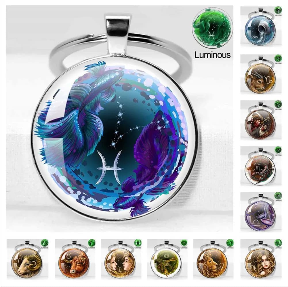 Portachiavi con Ciondolo in Vetro Luminoso dei 12 Segni Zodiacali, Charm per Borsa e Auto