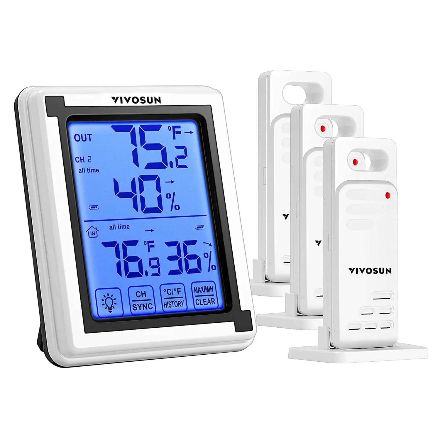 Digital thermometer and hygrometer with 3 remote sensors, LCD touchscreen, capacity 200 feet, battery included