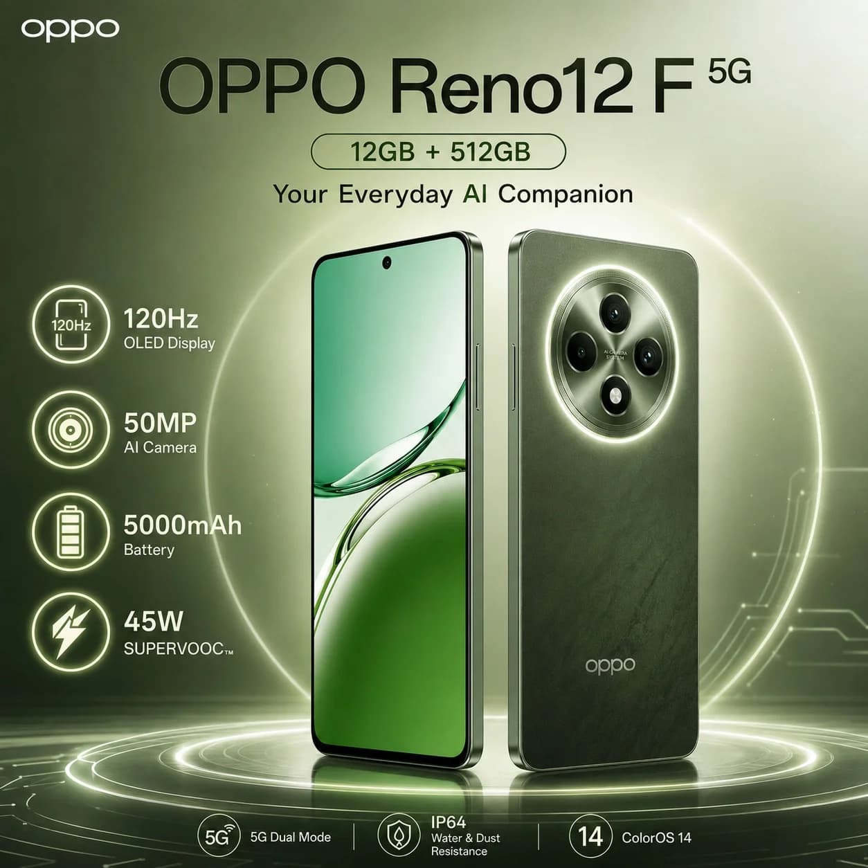 New OPPO Reno12 F 5G Smartphone 12GB+512GB, Dimensity 6300, 120Hz OLED, 50MP Camera, 5000mAh, 45W SUPERVOOC, IP64, NFC, Dual SIM