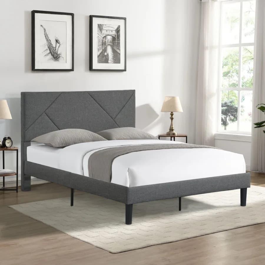 Base letto imbottita Queen Size con testiera; Robusto supporto a doghe in legno; Supporto per materasso; Non necessita di rete a molle;