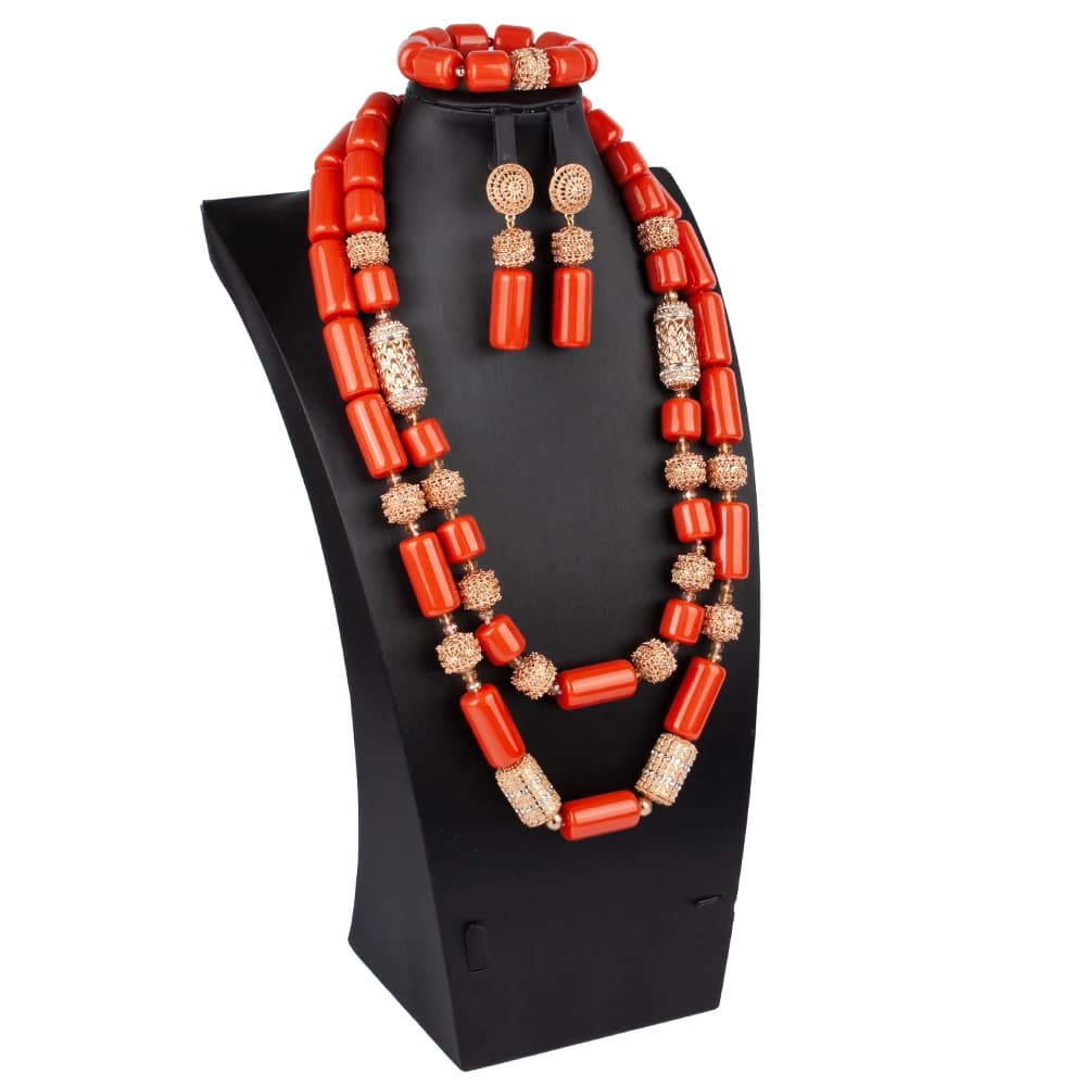 Set di Gioielli in Oro Nigeriano per Sposa, Due Strati, Originale con Perle di Corallo Africano, Set di Gioielli ABS192