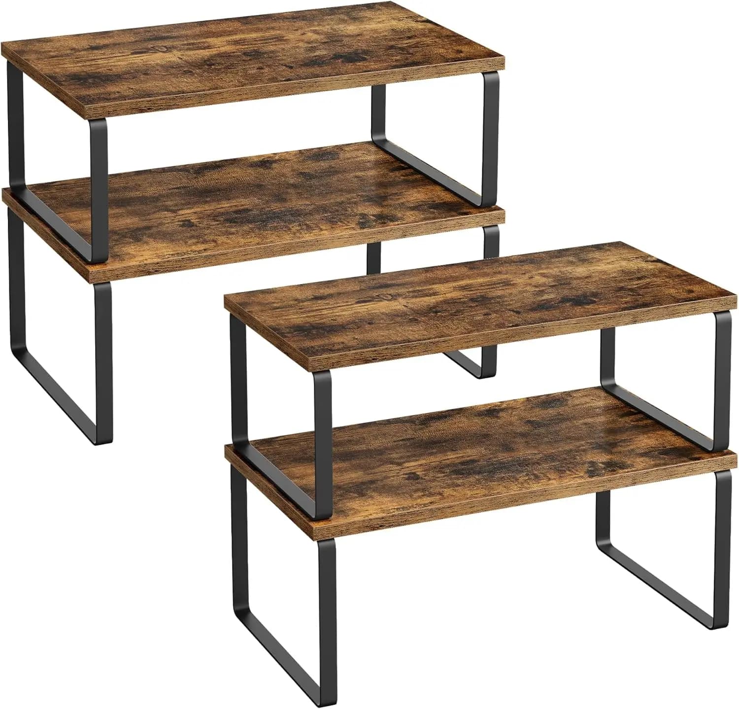 Set di 4 Mensole Impilabili per Cucina, Porta Spezie Espandibile in Metallo e Legno, Nero e Marrone