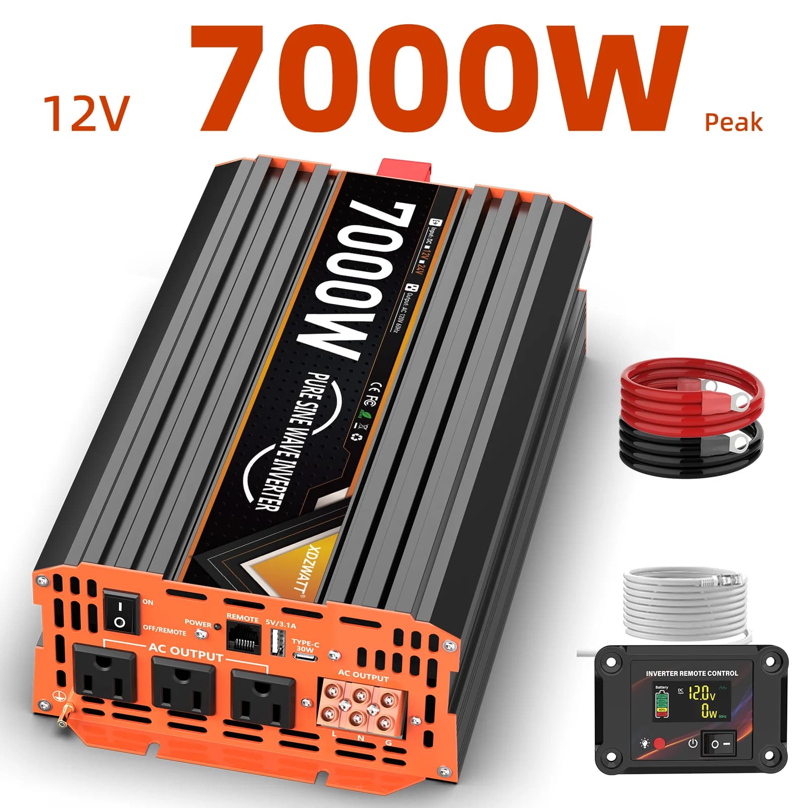 Inverter di Potenza a Onda Sinusoidale Pura 3000W 7000W di Picco 12V 24V con Telecomando, Display LCD, USB Type-C e Protezioni Multiple per Camper
