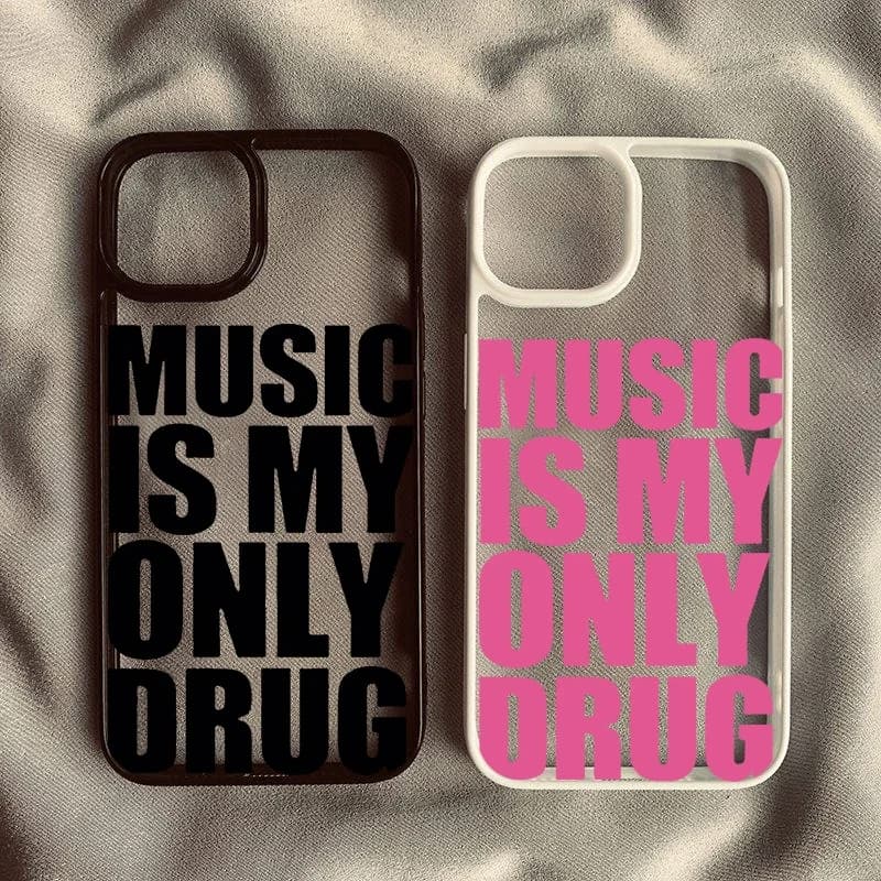 Cover for iPhone 17 16 15 14 13 12 11 Pro XR XS X Max 7 8 Plus with design Y2K, fun and fashionable, with writing 'Alphabet Music Is My Only Drug' in English