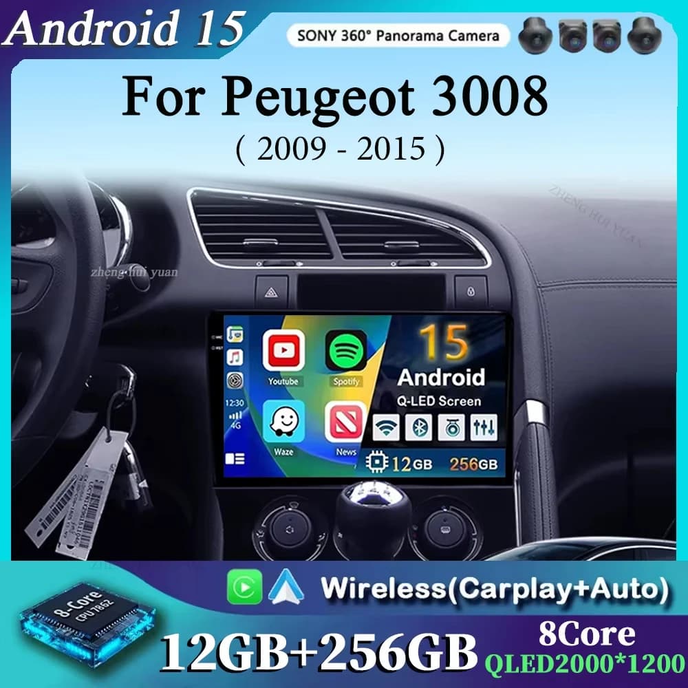 Android 15 Wireless Carplay Autoradio for Peugeot 3008 2009-2015 Multimedia car reader GPS 4G + WiFi Main navigation unit
