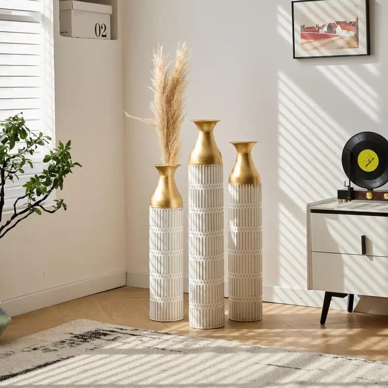 Set di 3 vasi da pavimento in metallo - Decorazioni per la casa grandi in metallo bianco smaltato, altezze: 24 pollici, 28,7 pollici, 33,5 pollici