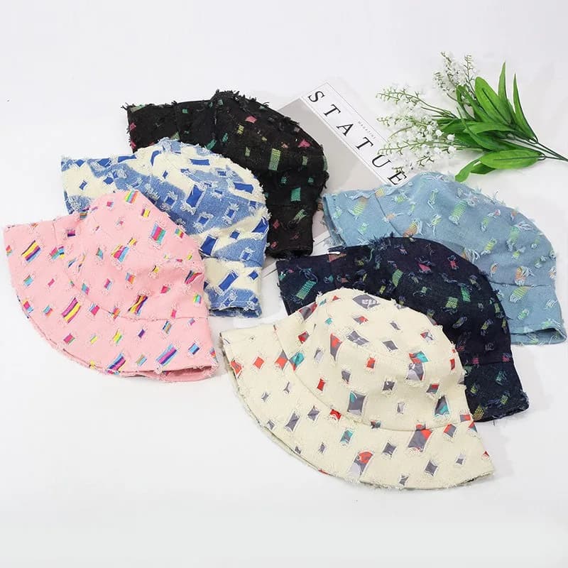 Moda Donna Uomo Cappelli a secchiello strappati in denim lavato Cool Lady Maschio Outdoor Panama Cappello da pescatore Cappello da sole per donna Uomo