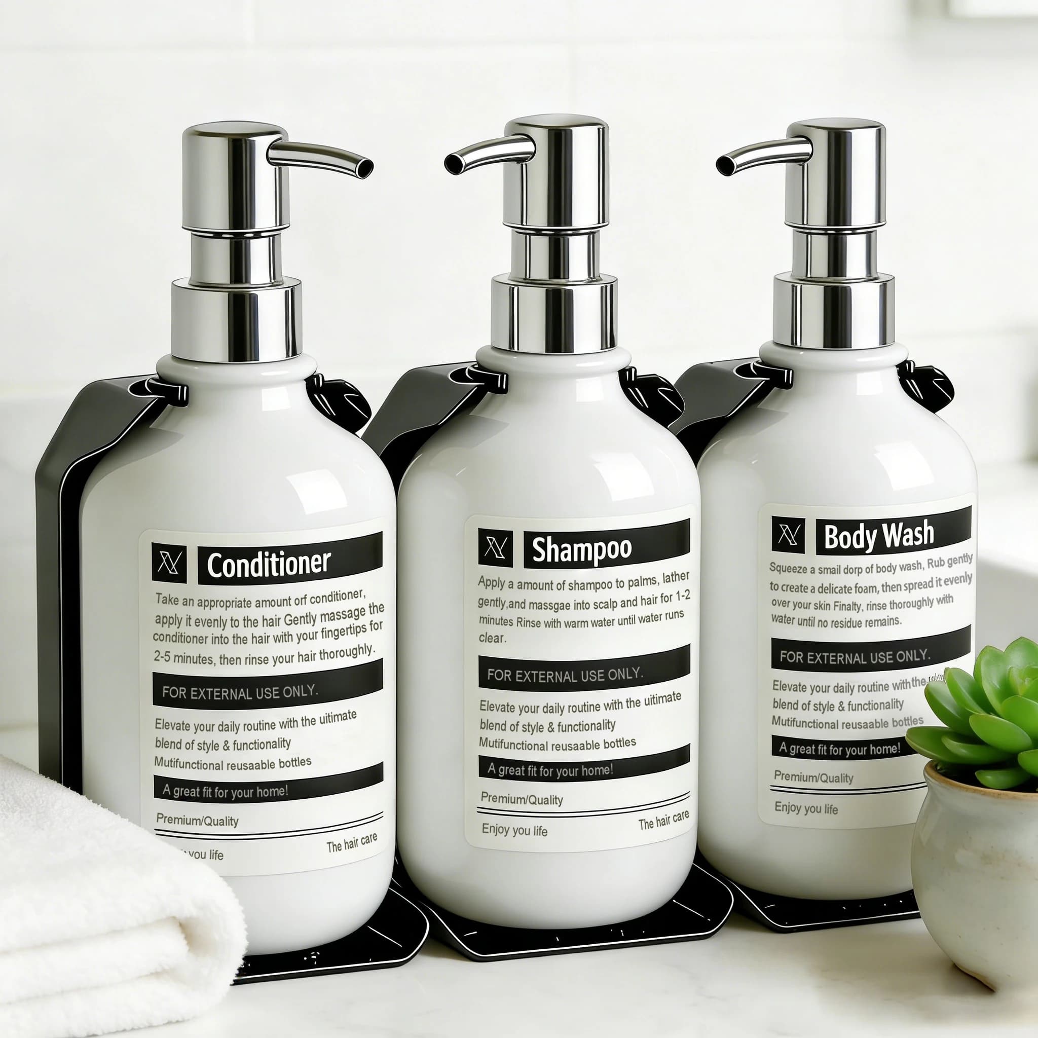 Minimalist Wall Mounted Shower Dispenser, Refillable Shampoo Conditioner Dish and Hand Soap Empty Bottle for Modern Decor