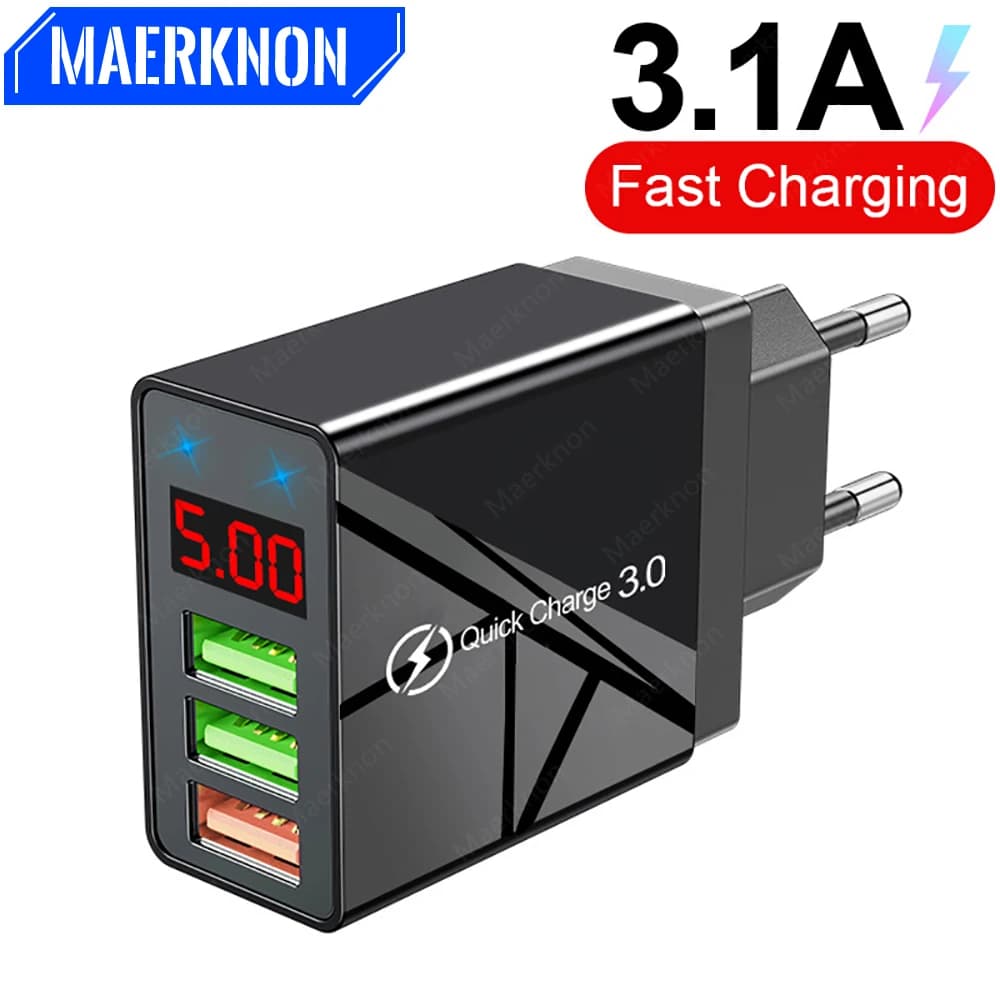 Caricatore USB 3.1A Adattatore per caricabatterie per telefono a ricarica rapida a 3 porte per iPhone Samsung Xiaomi Caricatore da muro con display a LED Quick Charge 3.0