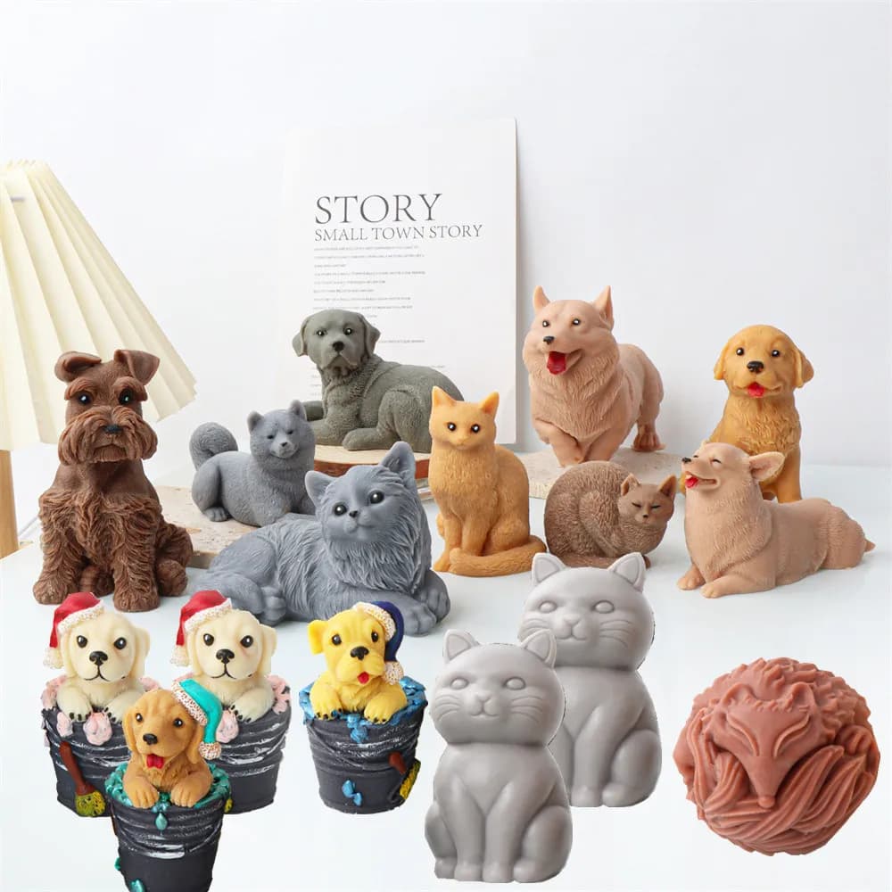 3D Carino Maine Gatto Teddy Cuccioli Candela Stampo In Silicone Shih Tzu Cane Gesso Stampo In Resina Grassa Volpe Palla Gesso Fare Decor Regali