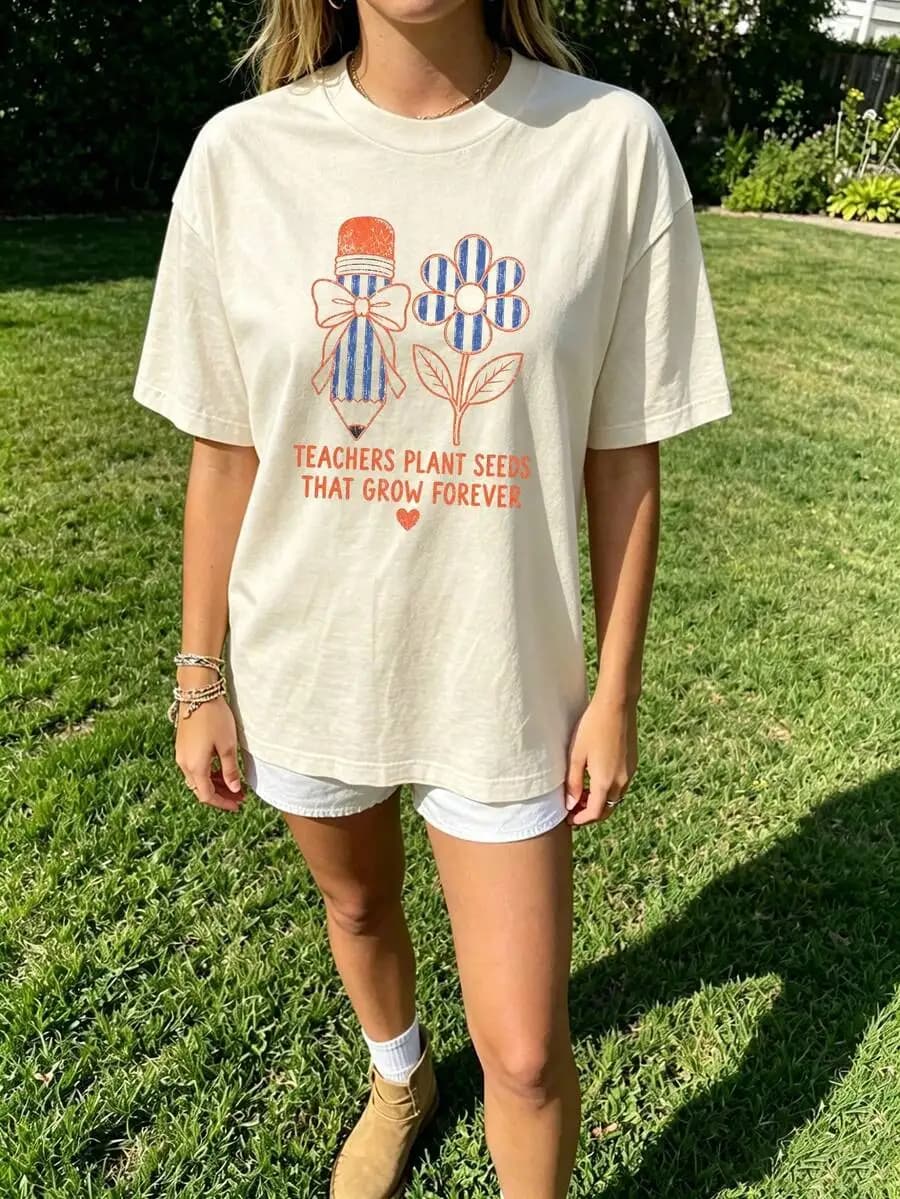Women Preppy Crew Neck Short Sleeve T-Shirt Teachers Plant Seeds That Grow Forever Slogan Cute Pencil Flower Graphic Print Back To School Summer Casual Tops