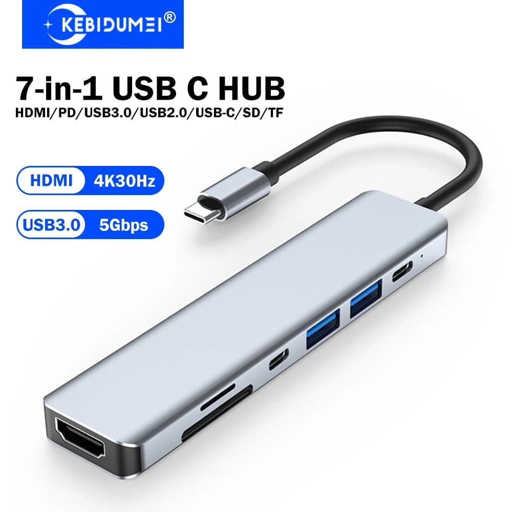 KEBIDUMEI Docking Station USB C 7-in-1 HUB USB 3.0 5Gbps da Tipo C a HDMI/USB3.0/PD100W/SD/TF/USB-C Splitter USB per laptop