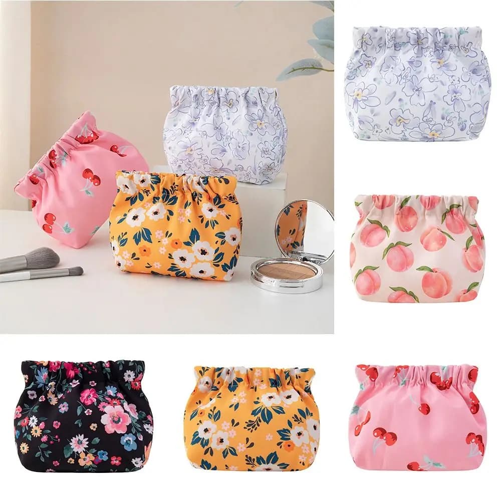 Borsa Cosmetica Portatile con Stampa di Fiori e Ciliegie, Portamonete con Chiusura Automatica, Motivi Carini per Ragazze