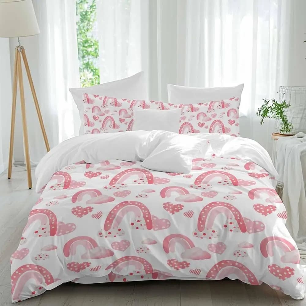 Set di Lenzuola per San Valentino, Motivo Acquerello Primaverile con Arcobaleno, Nuvole e Cuori Rosa, 4 Pezzi Traspiranti, Set Copripiumino e Biancheria da Letto