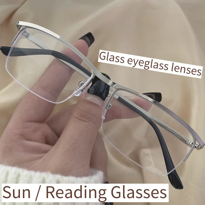 Glass Eyeglass Lenses Sun / Reading Glasses Business Frame Blue Light Non Prescription Glasses for Men-Stainless Steel Frame