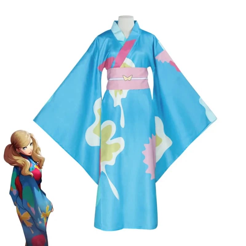 5;e,8\v,5/XqAnime Anne Takamaki Panther Cosplay Costume Japanese Blue Kimono Bathrobe Dress Cummerbund Wig Woman Sexy f,5'h\8/m'