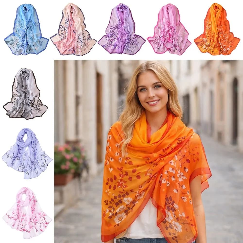 Elegant Chiffon Scarf with Floral Print, Solar Protection, Long and Soft, for Women, Spring