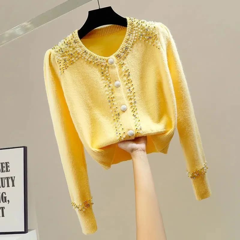Maglione da Donna Autunno Inverno 2026, Nuovo Modello con Collo a O, Aderente con Perline, Pullover a Maniche Lunghe, Cardigan in Maglia