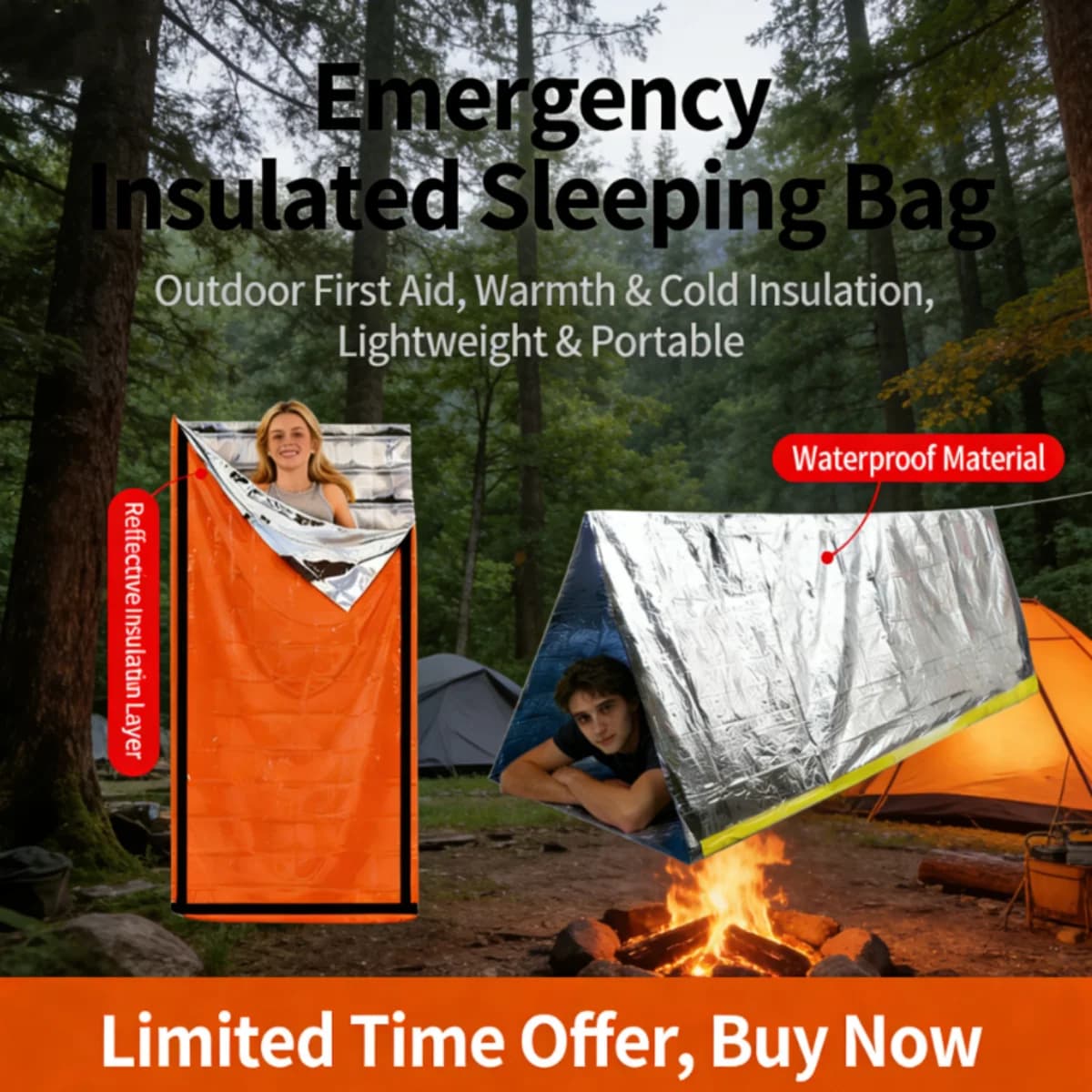 High thermal retention shelter kit, reflective lamina tent and warm sleeping bag, perfect for backpacking trips in wild nature