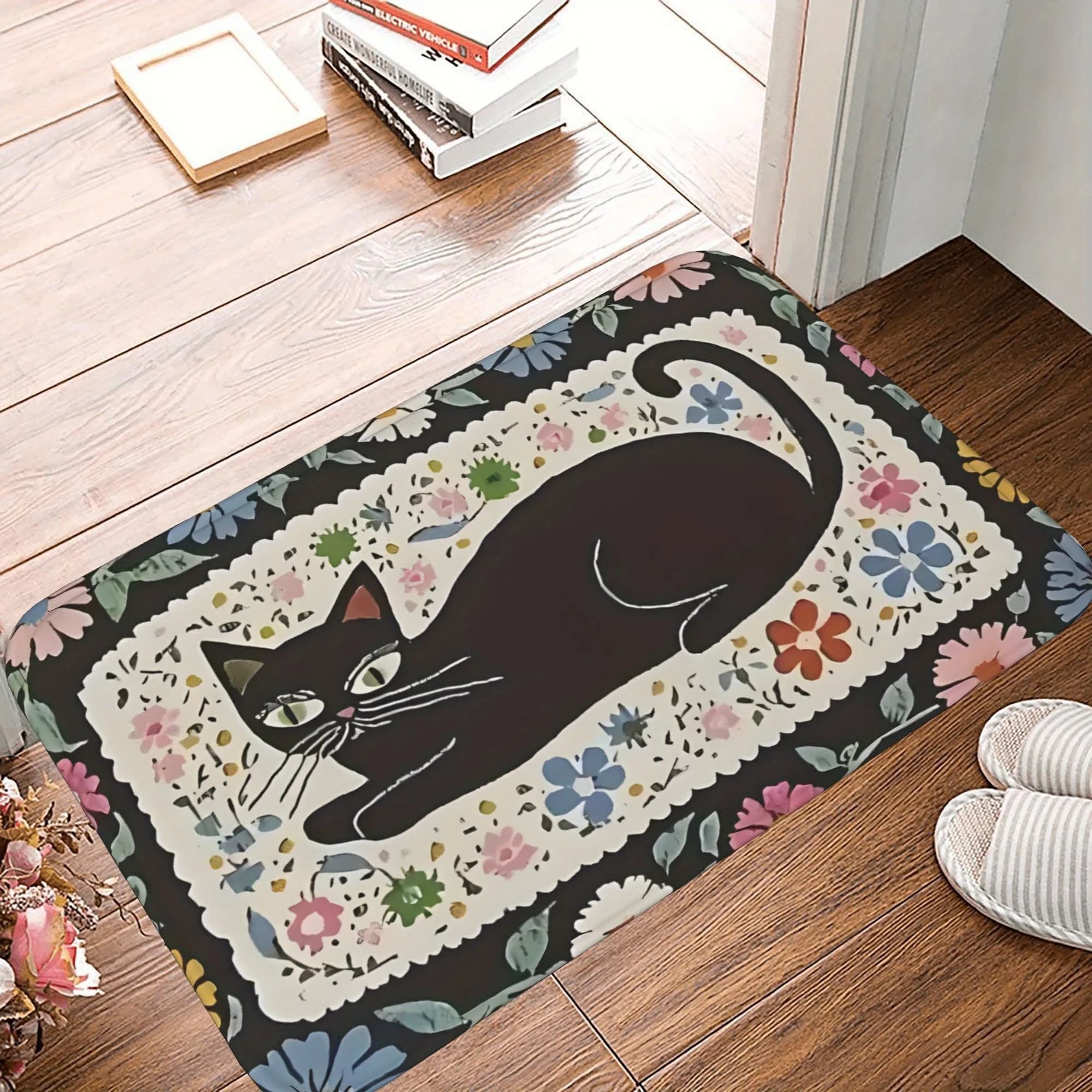 1PC Black Cat Pattern Kitchen Rug Non-Slip Door Mat Pop design Bathroom Rug Bath Mat Carpet for Home Sink Laundry Decor