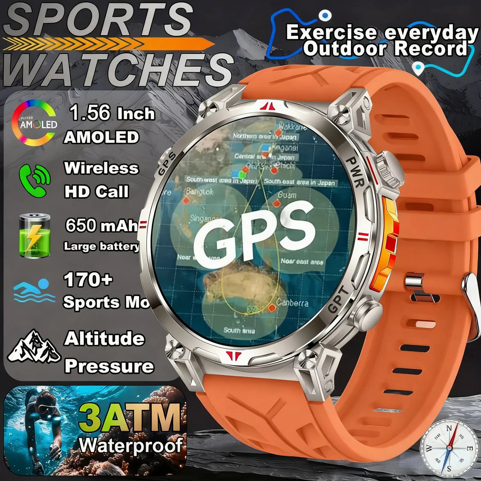 Smartwatch for GPS Sports with Monitoring Cardiac and Oxygen Frequency in Blood, Waterproof, Bluetooth Calls, Compass, Fitness Tracker
