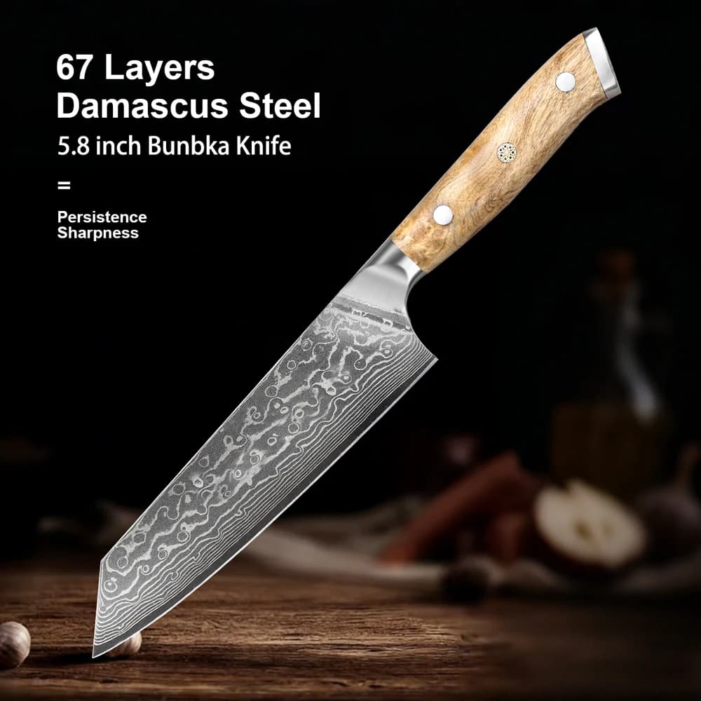 Coltello da chef in acciaio Damasco da 5,8 pollici, coltello giapponese Bunka da cucina, 67 strati di super acciaio, manico in legno Burl, coltello per sbucciare, confezione regalo