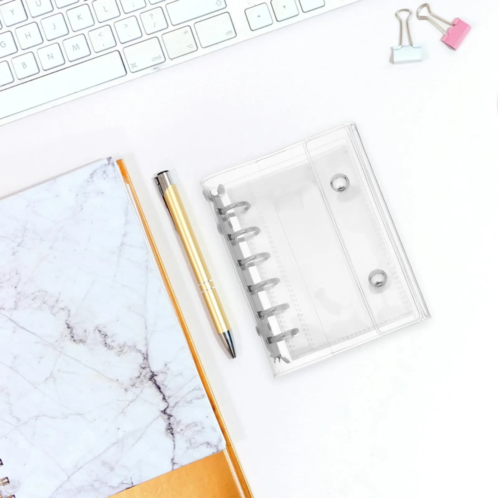 Set di 1 Agenda A7 con Copertina Trasparente in PVC, Rilegatura a Fogli Mobili Ricaricabile, Chiusura a Bottone a Pressione, Organizer Portatile con Tasche
